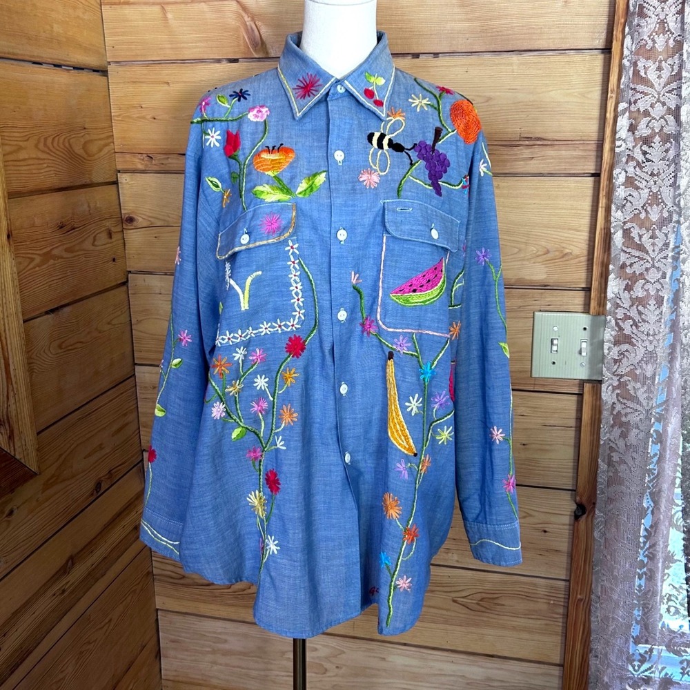 Vintage Hand Embroidered Shirt Womens Large Blue Fruit Floral Boho Garden Artsy